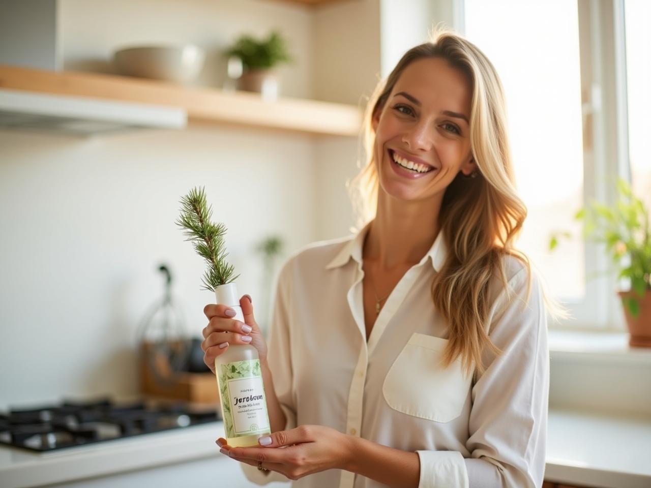 A woman smiling while holding a spray bottle with a sprig of Jerusalem pine in front of a bright, sunlit window. The background shows a clean, minimalist kitchen.