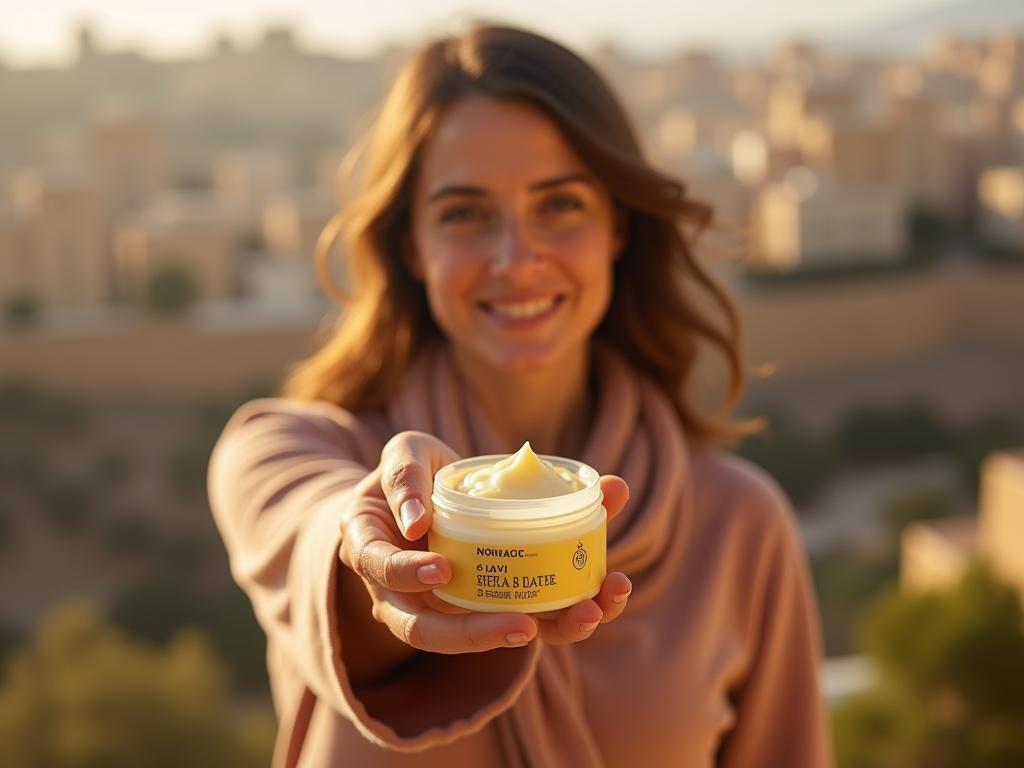 A close-up shot of Noa Lavi holding a jar of shea butter, with the Jerusalem landscape visible in the background. The lighting is warm and natural, highlighting the creamy texture of the shea butter and the earthy tones of the surroundings.