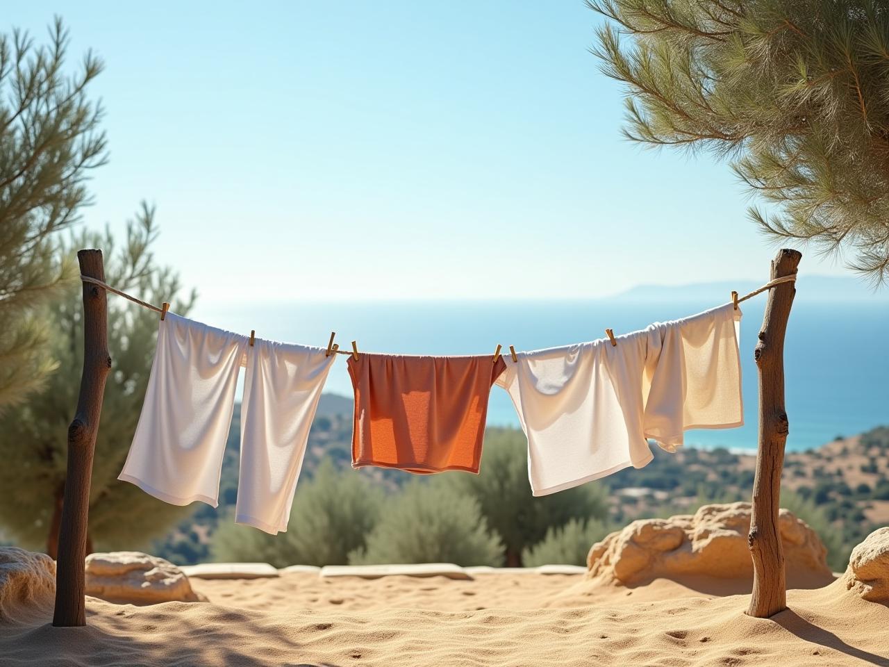 A clothesline with clothes drying in the Israeli sunshine, with a view of olive trees and the Mediterranean Sea in the background.