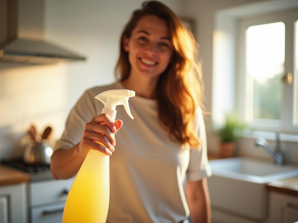A woman smiling in a sunlit kitchen, holding a spray bottle with homemade cleaning solution.