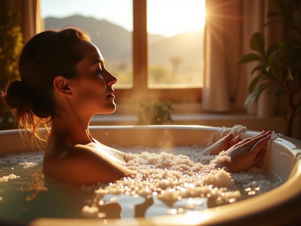 Close-up of a woman enjoying a bath with natural salts and herbs, bathed in warm sunlight. Desert landscape visible in the background through a window.
