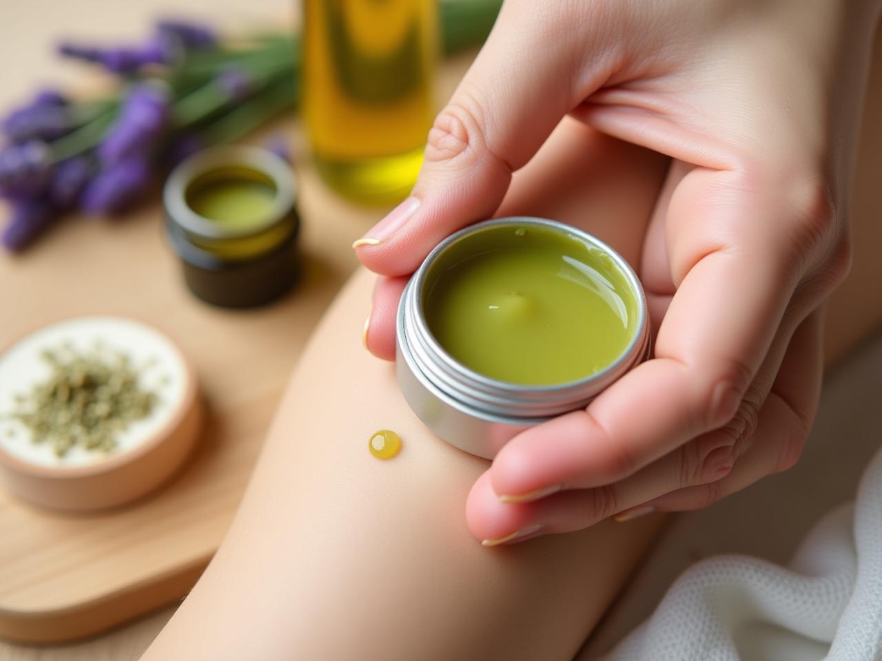 A close-up of a womans hand applying a green herbal balm to a mosquito bite on her arm. Natural ingredients like lavender, chamomile, and olive oil are visible in the background, creating a calming and organic scene.